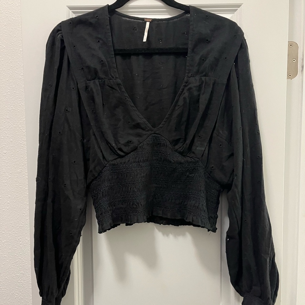 Free People Black V Neck Cropped Blouse